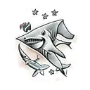 Scuba diver, flag and shark tattoo design idea