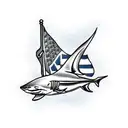 Scuba diver, flag and shark tattoo design idea