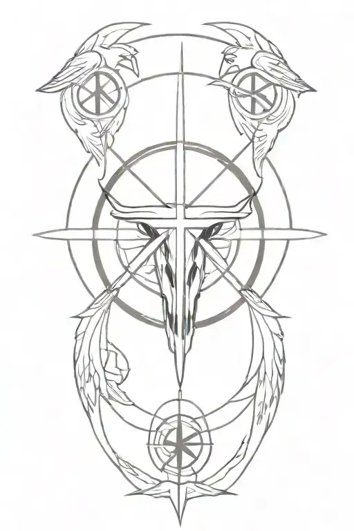 Raven skull, peace rune, compass tattoo design idea