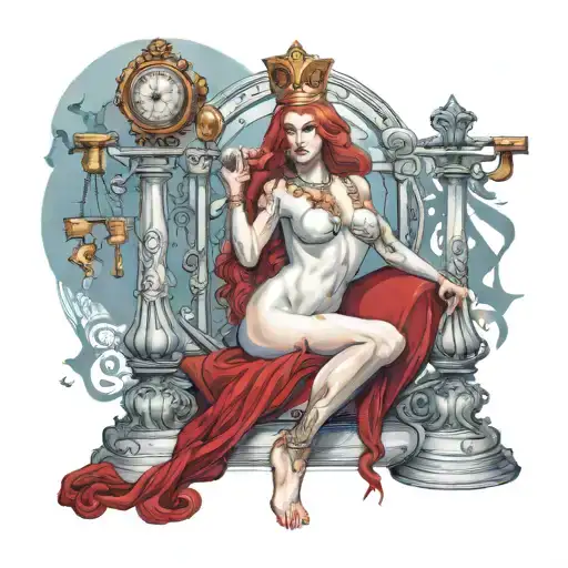 White chuby goddess with red hair wearing goddes gown with slit on each leg , holding a libra scales in left hand  tattoo design idea