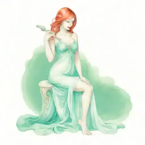 White chuby goddess with red hair wearing goddes gown with slit on each leg , holding a libra scales in left hand  tattoo design idea