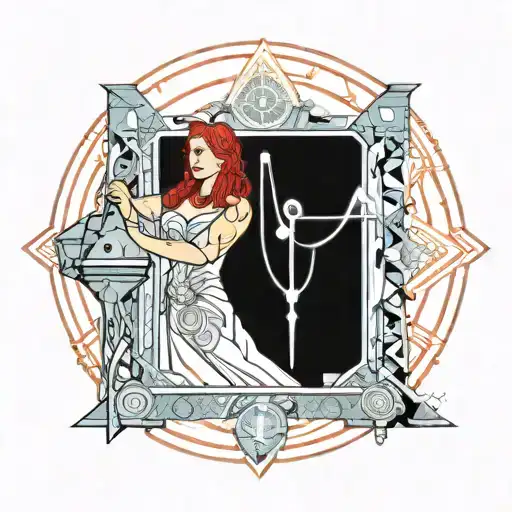 Whilte chubby godess with red hair wearing goddes gown, holding a libra scales in left hand  tattoo design idea