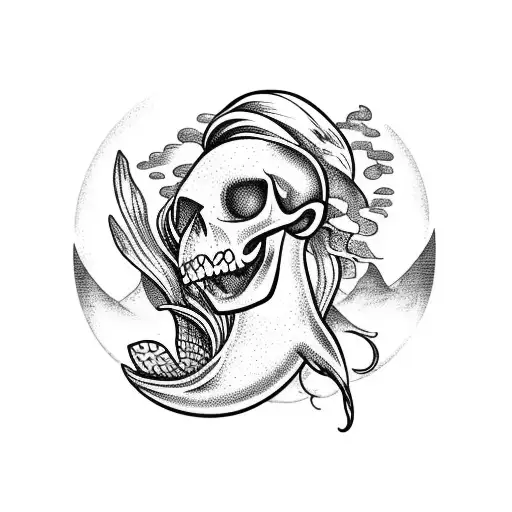 mermaid sitting on a rock holding a skull with sinking ship in the background tattoo design idea