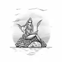 mermaid sitting on a rock holding a skull with sinking ship in the background tattoo design idea