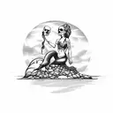 mermaid sitting on a rock holding a skull with sinking ship in the background tattoo design idea
