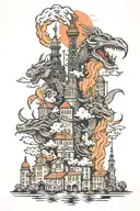 Three Dragons burning down the city with buildings such as television tower, church and construction Cranes tattoo design idea