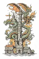 Three Dragons burning down the city with buildings such as television tower, church and construction Cranes tattoo design idea