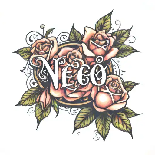 roses around the name written tattoo design idea