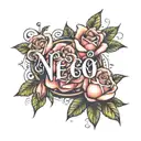 roses around the name written tattoo design idea