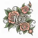 roses around the name written tattoo design idea