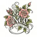 roses around the name written tattoo design idea