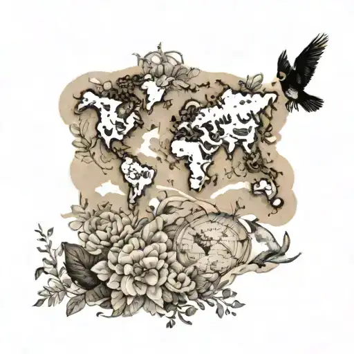 A tattoo design of a world map with various animals and flowers from different regions, symbolizing the client's love for travel, nature, and wildlife conservation tattoo design idea