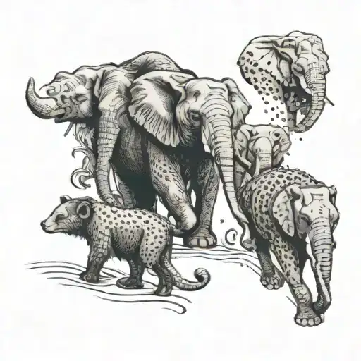A detailed illustration of a group of diverse animals marching together in unity for animal rights tattoo design idea