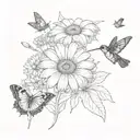 A beautiful gebera daisy blooming in a lush garden surrounded by butterflies and hummingbirds tattoo design idea