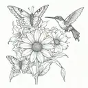 A beautiful gebera daisy blooming in a lush garden surrounded by butterflies and hummingbirds tattoo design idea