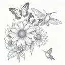 A beautiful gebera daisy blooming in a lush garden surrounded by butterflies and hummingbirds tattoo design idea