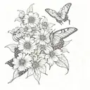 A beautiful gebera daisy blooming in a lush garden surrounded by butterflies and hummingbirds tattoo design idea