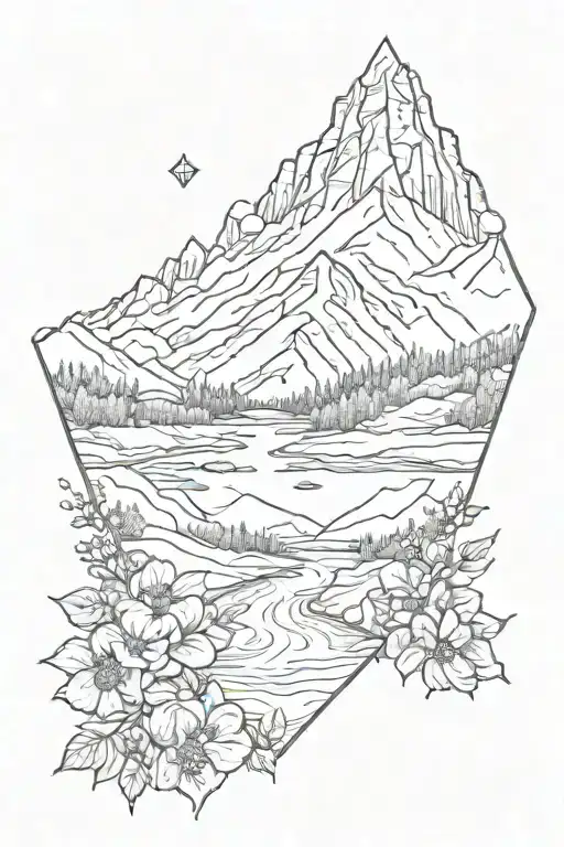 A sketch-style tattoo of a mountain landscape with a river running through it, dotted with Alberta wild roses and a diamond hidden in the scenery tattoo design idea