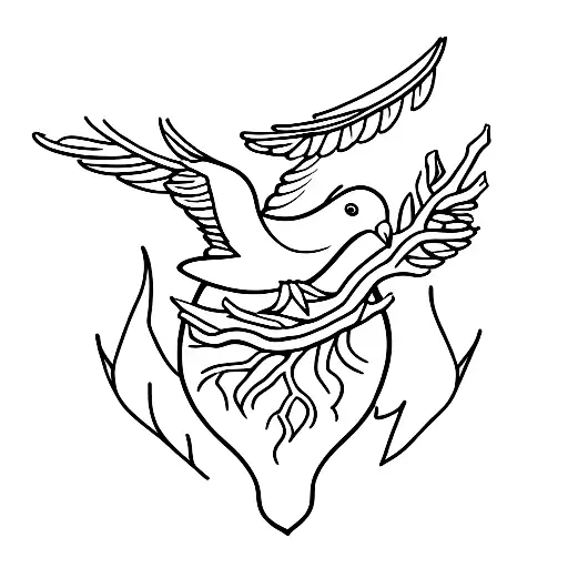 A dove with a branch and a heart in the beak tattoo design idea