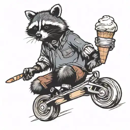 Raccoon on rollerskates, holding a half melted drumstick ice cream cone tattoo design idea