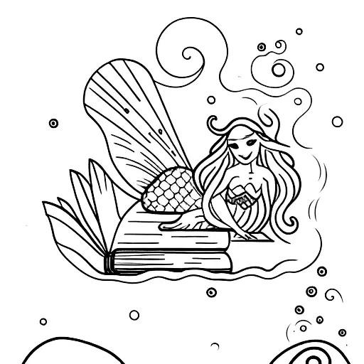 A mermaid reading a book on a rock in the middle of the ocean tattoo design idea