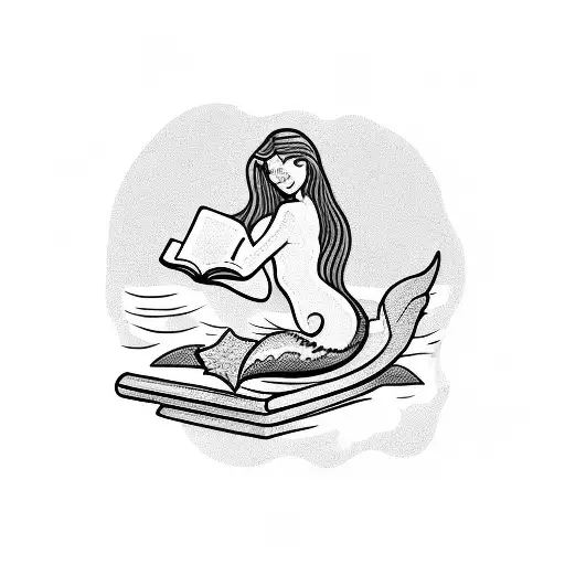 A mermaid reading a book on a rock in the middle of the ocean tattoo design idea