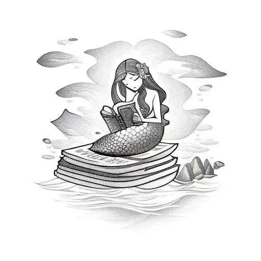 A mermaid reading a book on a rock in the middle of the ocean tattoo design idea