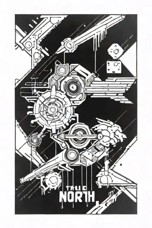 An abstract tattoo design representing the concept of 'true north' in a cyberpunk aesthetic, with subtle references to rock music and cyber security symbols tattoo design idea