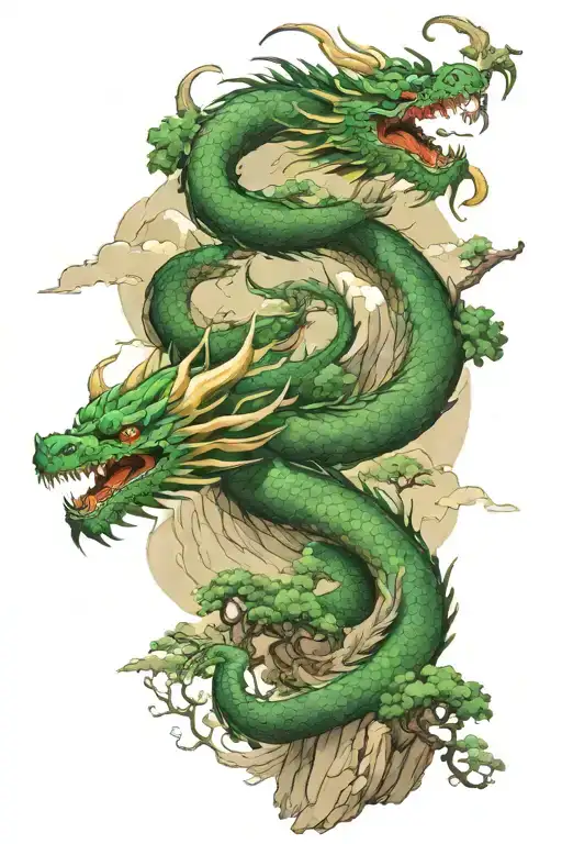 A majestic dragon soars high above the rugged mountain peaks, its powerful wings casting shadows over the lush evergreen tattoo design idea