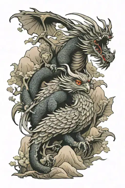 dragon and owl. mountains and forest on background. tattoo design idea