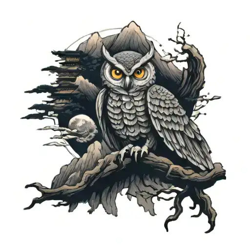 owl, dragon and mountains tattoo design idea