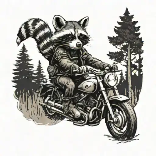 A raccoon riding a motorcycle through a dark forest tattoo design idea