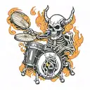 A skull playing a drum set surrounded by flames tattoo design idea
