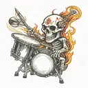 A skull playing a drum set surrounded by flames tattoo design idea