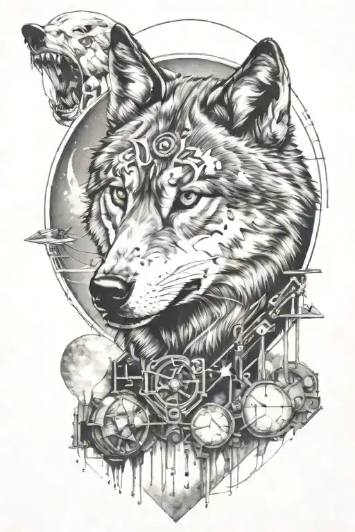 wolf, tech, moon, hacker tattoo design idea