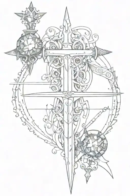 sword going down spine shoulder blade to panty line with word manifestation and gemstones  tattoo design idea
