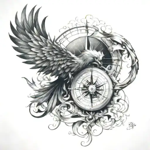 phoenix and compass tattoo design idea