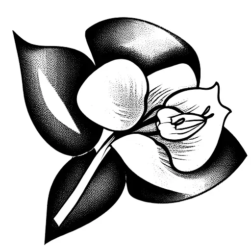 bouquet of flowers with narcissus, rose, morning glory, lily of the valley, snowdrop, and daffodil tied with a bow tattoo design idea