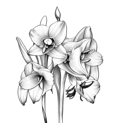 bouquet of flowers with narcissus, rose, morning glory, lily of the valley, snowdrop, and daffodil tied with a bow tattoo design idea