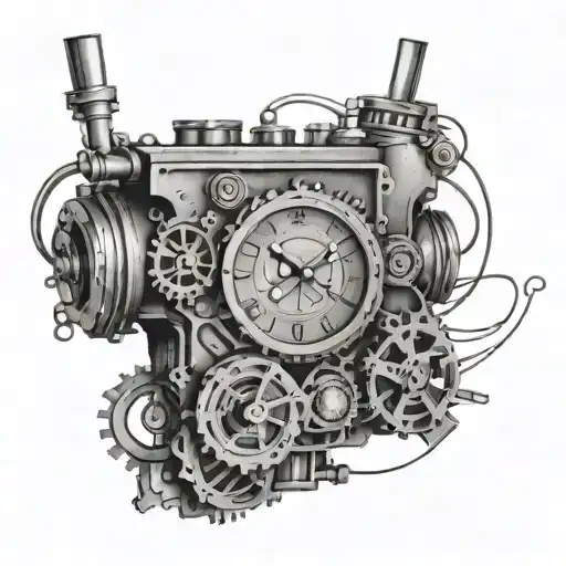 An engine block with a clock face in the center, surrounded by musical symbols tattoo design idea