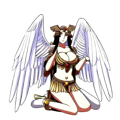 Goddess Isis, with her wings extended out and on one knee tattoo design idea