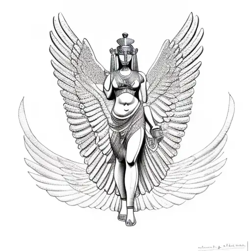 Goddess Isis, with her wings extended out and on one knee tattoo design idea
