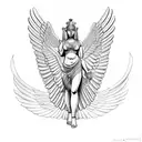 Goddess Isis, with her wings extended out and on one knee tattoo design idea