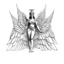Goddess Isis, with her wings extended out and on one knee tattoo design idea