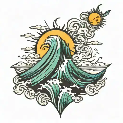 wave mountain sun moon tattoo design idea