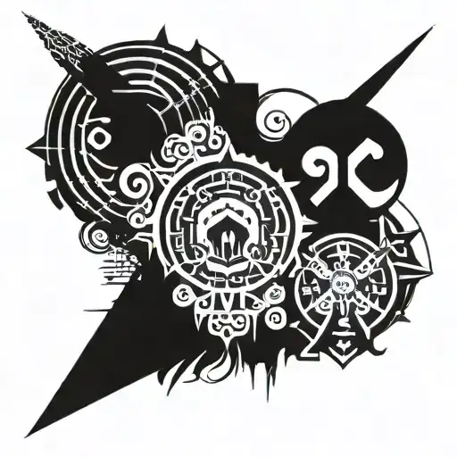 Nordic style with doom, berserk, god of war, and wolfenstein sybols incorporated tattoo design idea