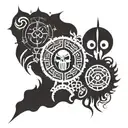 Nordic style with doom, berserk, god of war, and wolfenstein sybols incorporated tattoo design idea