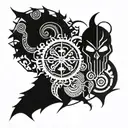 Nordic style with doom, berserk, god of war, and wolfenstein sybols incorporated tattoo design idea