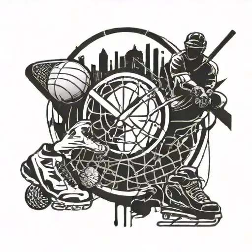 A dynamic composition featuring elements from hockey, basketball, cricket, and football intertwined to represent your love for sports tattoo design idea