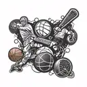 A dynamic composition featuring elements from hockey, basketball, cricket, and football intertwined to represent your love for sports tattoo design idea